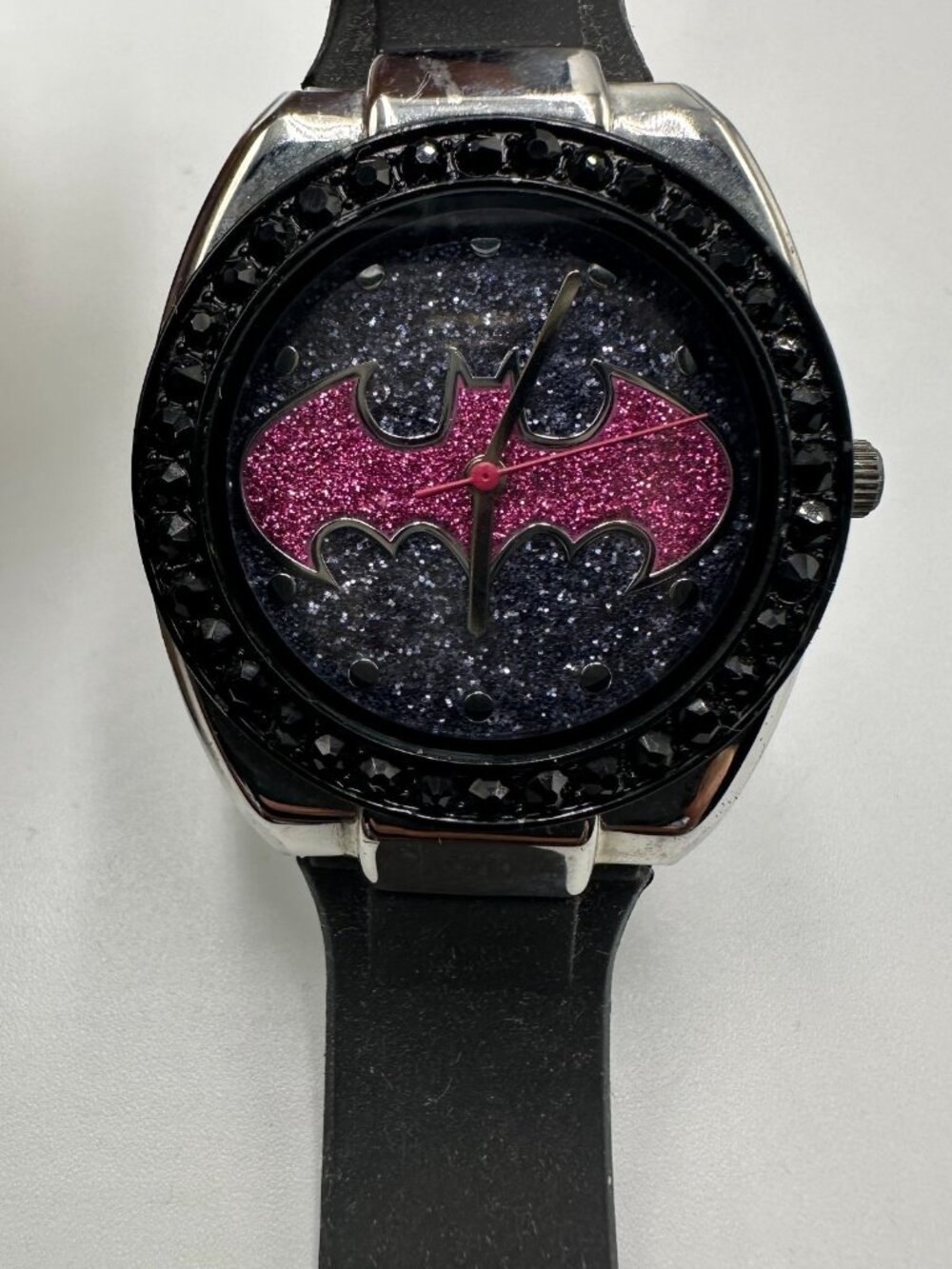 3/$30 Batgirl Pink Emblem Watch Women Silver Tone Black Rhinestone Bezel - Picture 3 of 13